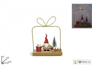 BABBO NATALE LEGNO CON PACCO DONO CON LUCI