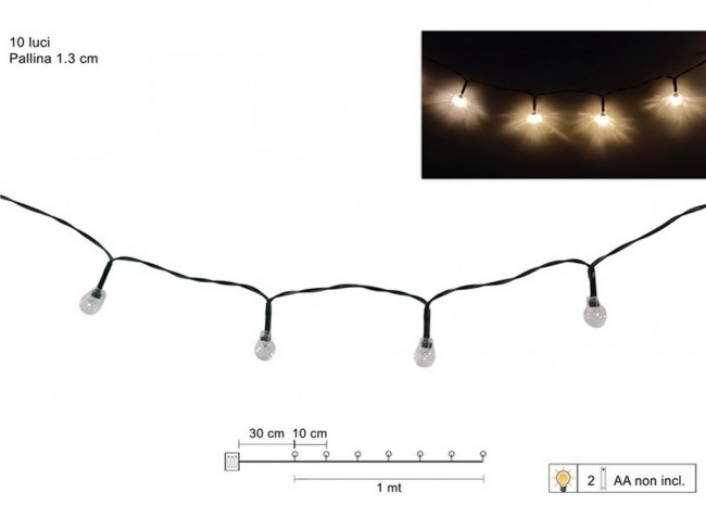 LUCI NATALE 10 LUCI LED PALLINE BIANCO CALDO A BATTERIE
