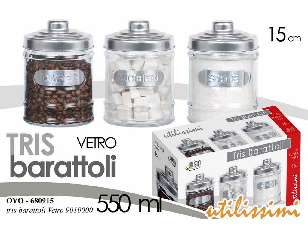 GICOS SRL Set 3 contenitori barattoli barattolini Tris Cucina in Vetro Colore Acciaio 9 10 cm 400 ml Sale-Zucchero-caffè OYO-816604 