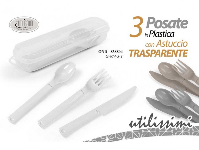 CONTENITORE PLASTICA PORTAPOSATE TRASP. + 3 POSATE