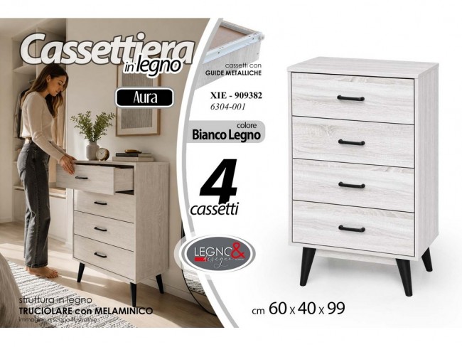 CASSETTIERA LEGNO GICOS CON PIEDINI 4 CASSETTI BIANCO