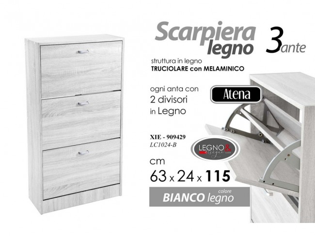 SCARPIERA LEGNO BIANCO 3 ANTE CM. 60X24X113